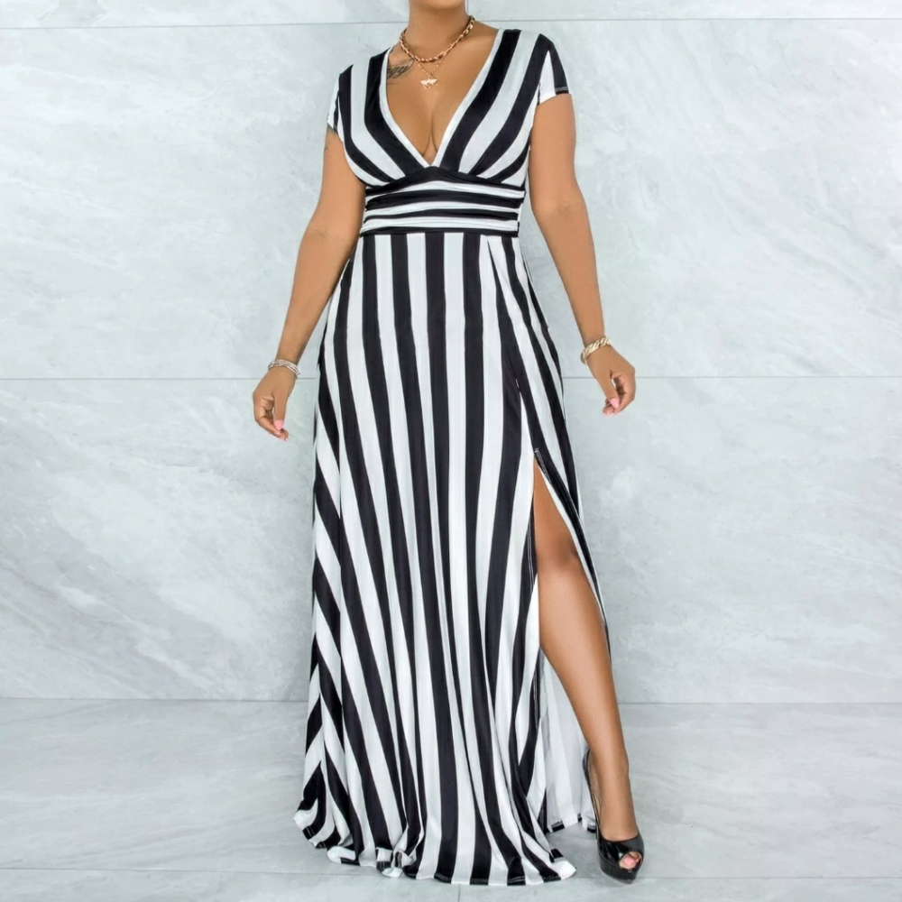 Black & White Striped Maxi w/side slit NWOT